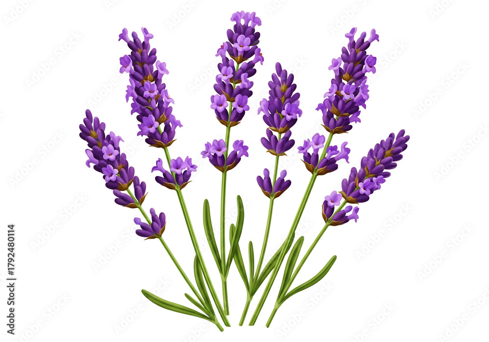 Obraz premium A beautiful sprig of lavender flowers with green stems and leaves