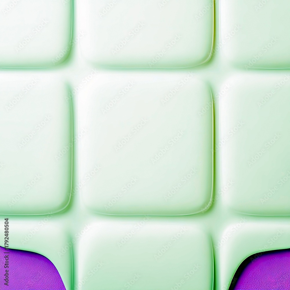 Fototapeta premium A close-up abstract view of a textured surface with padded squares in light green and a hint of purple.