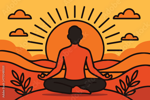 Person meditating in lotus pose against a vibrant sunrise or sunset background
