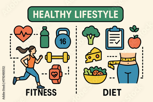 Healthy lifestyle fitness and diet icons with woman jogging and measuring waist