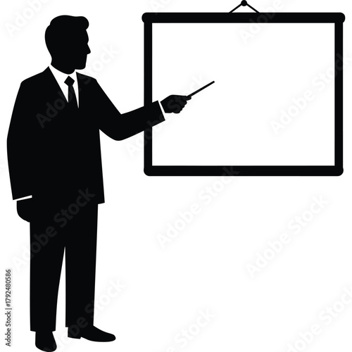 Silhouette of a businessman giving a presentation suit board pointer male office meeting whiteboard training