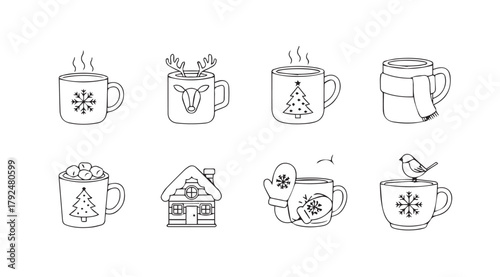 Collection of hand drawn winter holiday themed mugs and a house silhouette
