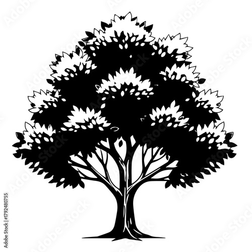 Black and white illustration of a robust deciduous tree. Features a full leafy canopy and a sturdy trunk, symbolizing natural growth, environmental vitality, and timeless organic design