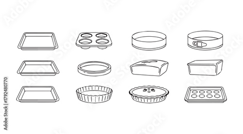 Collection of baking molds and pans in a simple line drawing silhouette style