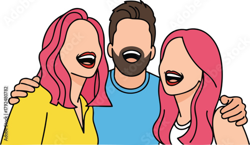Three friends laughing together with pink hair and blue shirt on white background