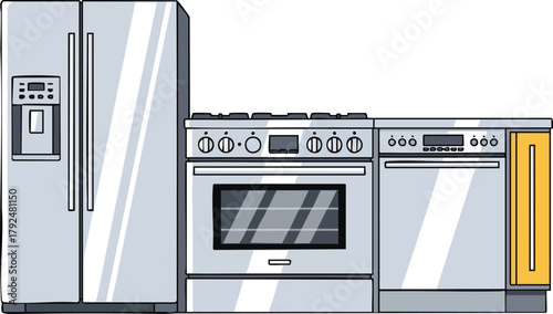 Pixel Art Kitchen Appliances Including Refrigerator Oven and Dishwasher Against White Background