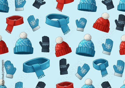 Winter Clothing Accessories Pattern Seamless Repeating Design.