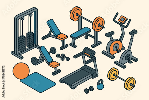 Isometric gym equipment collection with weights and cardio machines