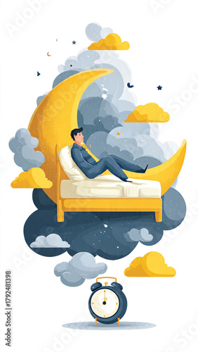 A man rests peacefully on a bed floating on a crescent moon surrounded by clouds and an alarm clock, representing sleep and dreams