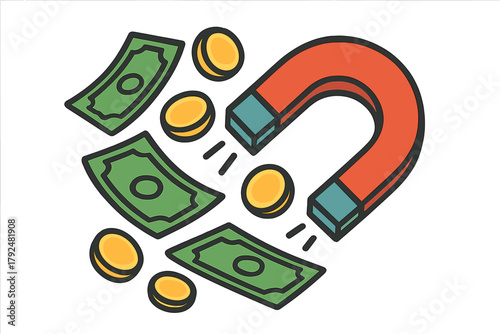 Red horseshoe magnet pulling cash money and gold coins representing financial attraction
