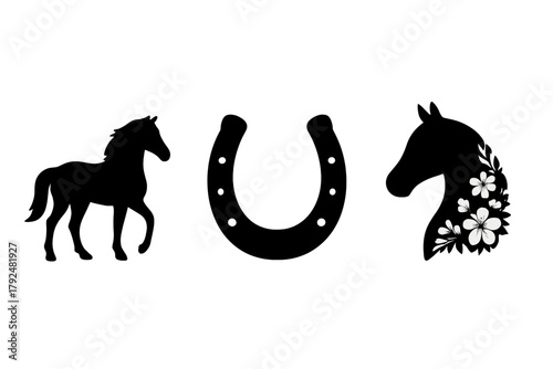 Set of black silhouettes featuring a walking horse, lucky horseshoe, and floral horse head