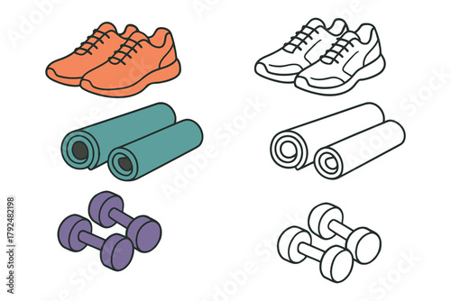 Collection of hand drawn fitness equipment icons in color and outline