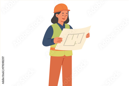 Woman wearing safety helmet and reflective vest examining building blueprints on a construction site