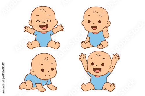 Adorable bald baby in blue romper suit sitting, crawling, and happily smiling in four different poses
