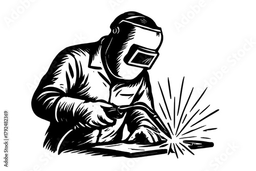 Industrial worker performing metal welding operation wearing safety mask and protective clothing