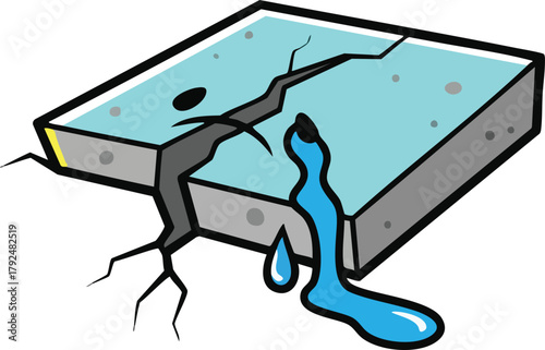 Cracked Concrete Slab With Water Leaking Out From The Crack Showing Damage And Decay