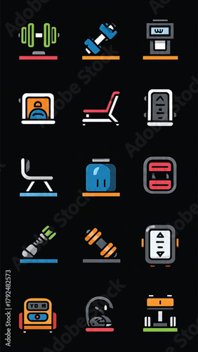 Collection of fitness equipment icons, including dumbbells, weight machines, and cardio equipment, representing a healthy lifestyle and exercise