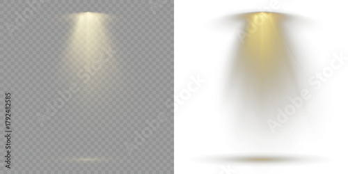 Overlay effects simulate professional studio illumination. Stage spotlights emit strong white directional light beams. Transparent allows seamless web or poster use. Light Effects. Row of spotlights.