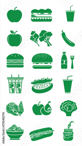 Collection of assorted fresh fruits and vegetables with drinks and fast food items, represented as green icons on a white background