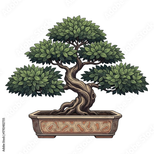 Artistic representation of a mature bonsai tree with a gnarled trunk and lush green foliage, meticulously cultivated in a decorative pot