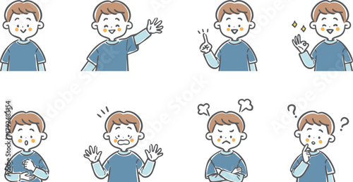 いろんな表情の男の子イラストセット　上半身　ベクター
