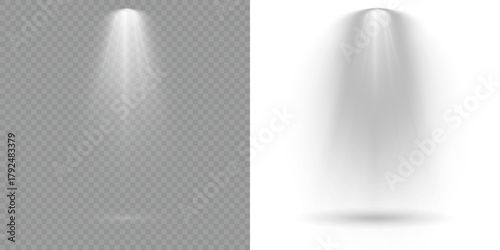 Transparent allows seamless web or poster use. Stage spotlights emit strong white directional light beams. Reflections add depth to spotlight scenes on floor. Scene. Row of spotlights. Light Effects.