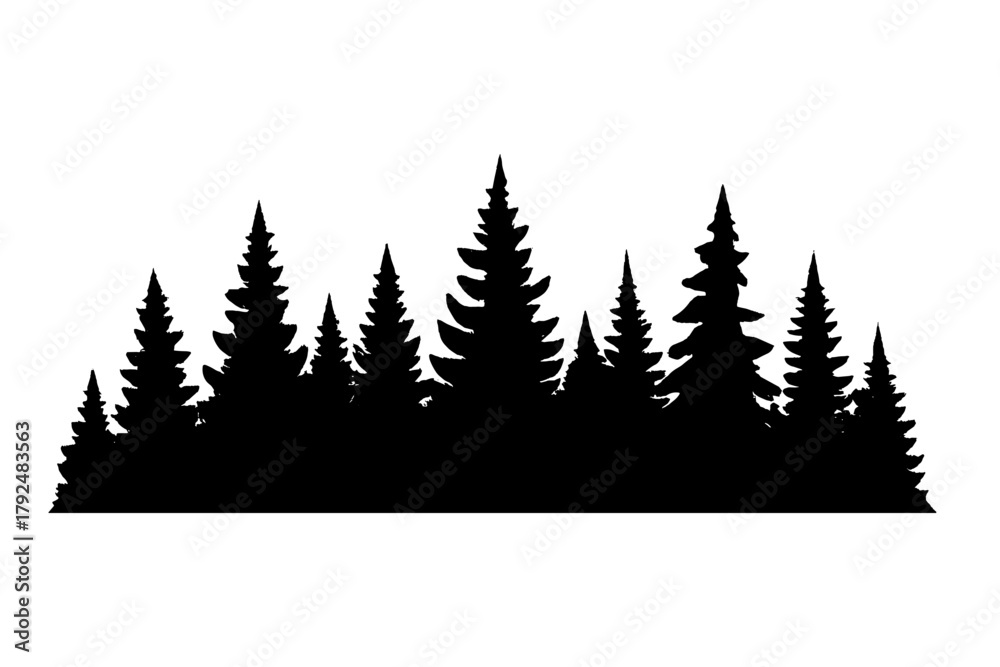 Obraz premium Black silhouette of a dense coniferous forest border line isolated on white
