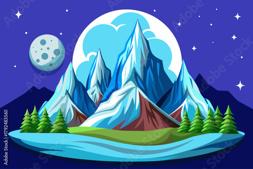 Snow covered mountains shining beneath bright full moon and clear night sky