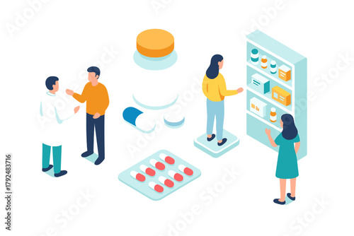 People consulting a pharmacist and shopping for medicine in an isometric healthcare setting