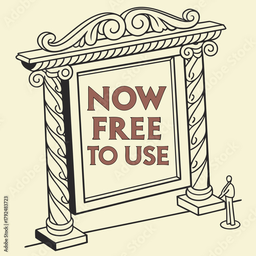 Vintage style poster with a message that declares NOW FREE TO USE and figure looking at it
