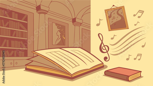 Cartoon library interior with music notes and open book