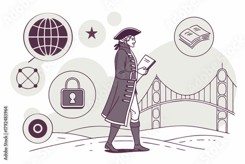 Illustration of a historical figure with symbolic icons