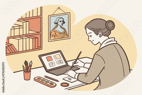 Creative illustrator at work with drawing tablet and tools on desk