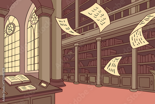 Historical library with flying papers illustration
