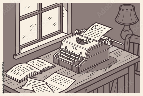 Vintage typewriter on desk near window, retro literary scene