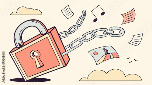 Privacy and security concept with padlock, chain and data elements illustration