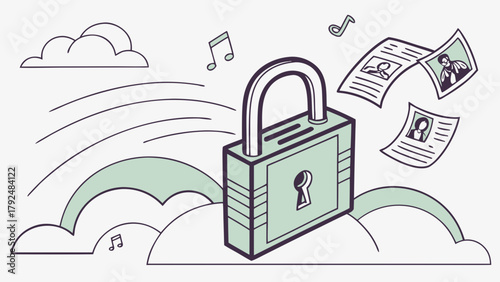 Privacy concept illustration: Secure data protection, safety padlock and personal information with music notes and cloud