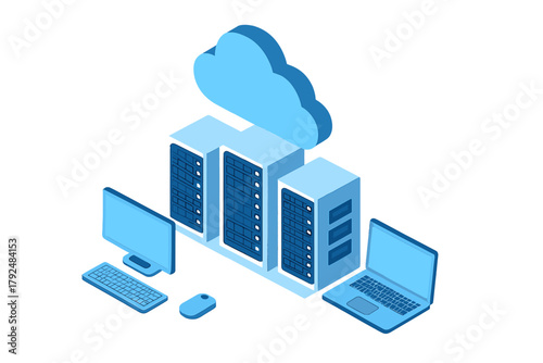 Isometric data center server racks connected to computers under cloud network