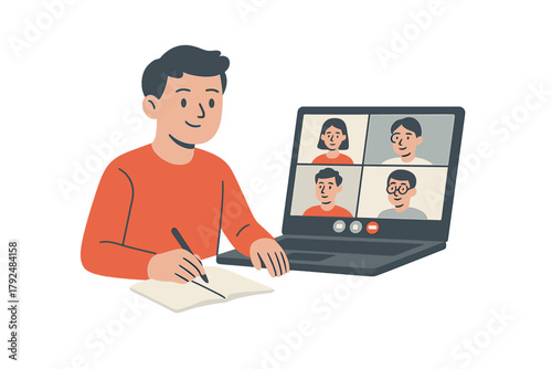 Smiling person attending an online video meeting and writing down important information in a notepad