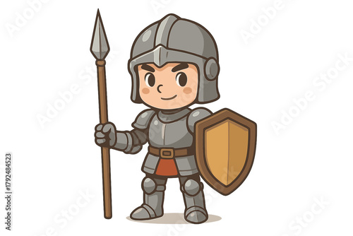 Adorable cartoon medieval knight character in full armor holding a spear and protective shield