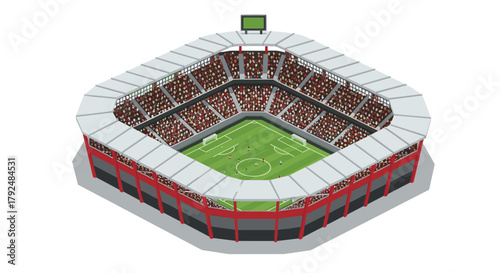 Modern isometric soccer stadium with red exterior and lush green field