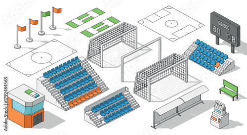 Isometric soccer stadium elements with stands and scoreboard