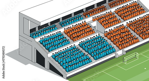 Isometric crowd in stadium with colorful seats and modern architecture