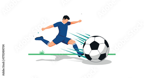 Soccer player kicking ball on field with stadium lights in background