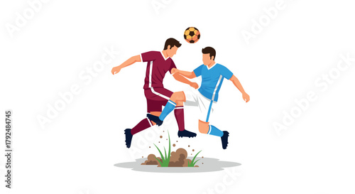 Soccer players competing for ball in midair on field in dynamic action motion