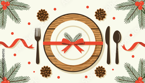 Festive holiday dinner setting with plate and cutlery on background  