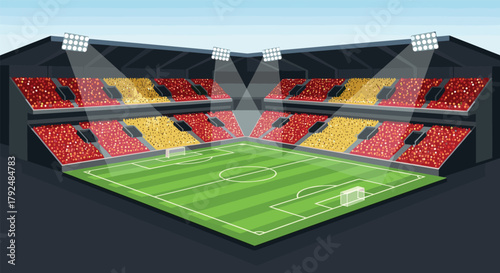 Modern stadium with colorful seating and bright floodlights under a clear sky