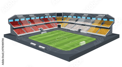 Modern isometric stadium with multicolored seats and running track