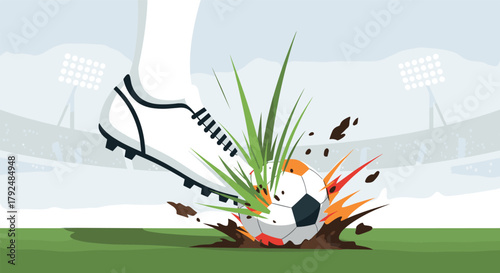 Dynamic soccer moment with splattering effects in a modern style