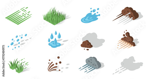 Weather and nature isometric icons for rain, grass, and clouds